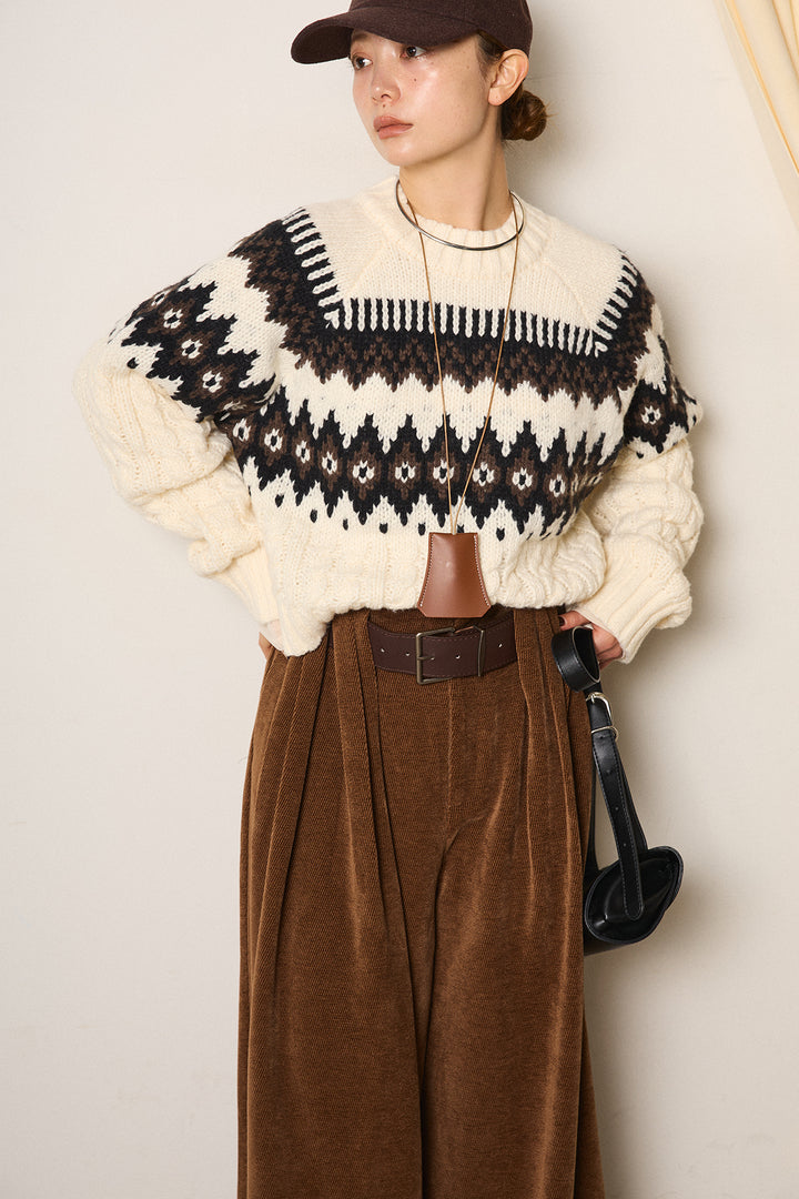 [SET]2WAY求心柄ジャガードショートカーディガン+ベルトループコーデュロイワイドパンツ(2set)