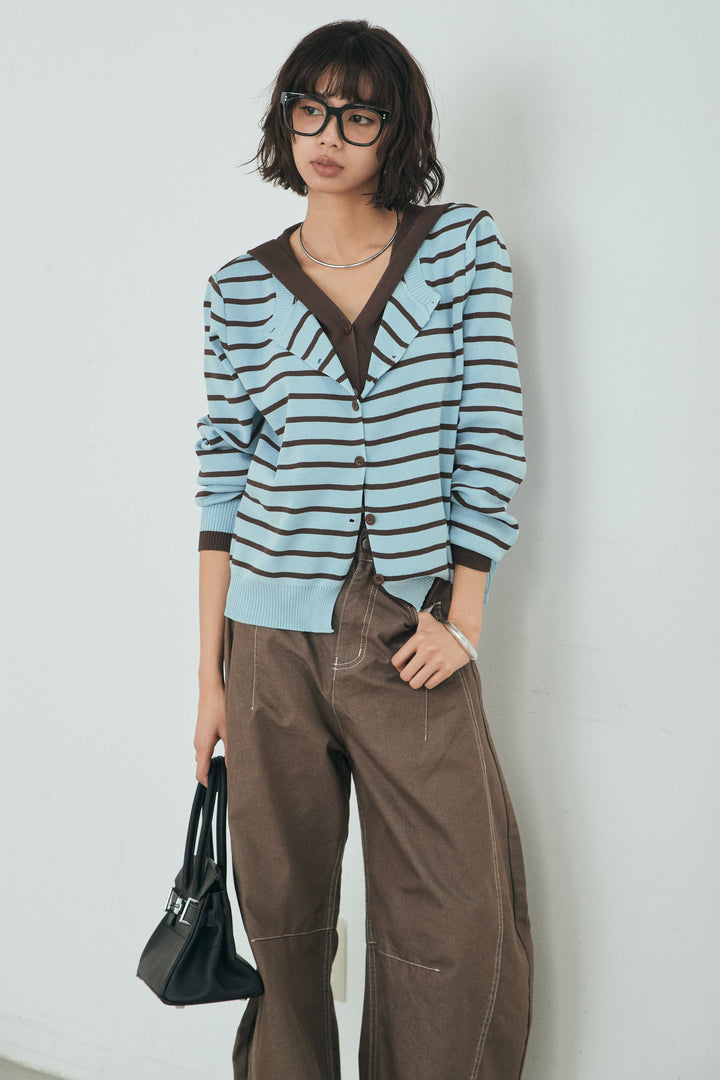[SET]レイヤード風フード付ボーダーニットカーディガン+ツイル配色ステッチバレルパンツ(2set)