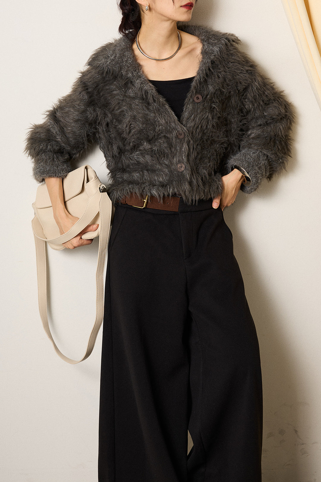 [SET]襟付きシャギーニットカーディガン+サイドベルトパンツ(2set)