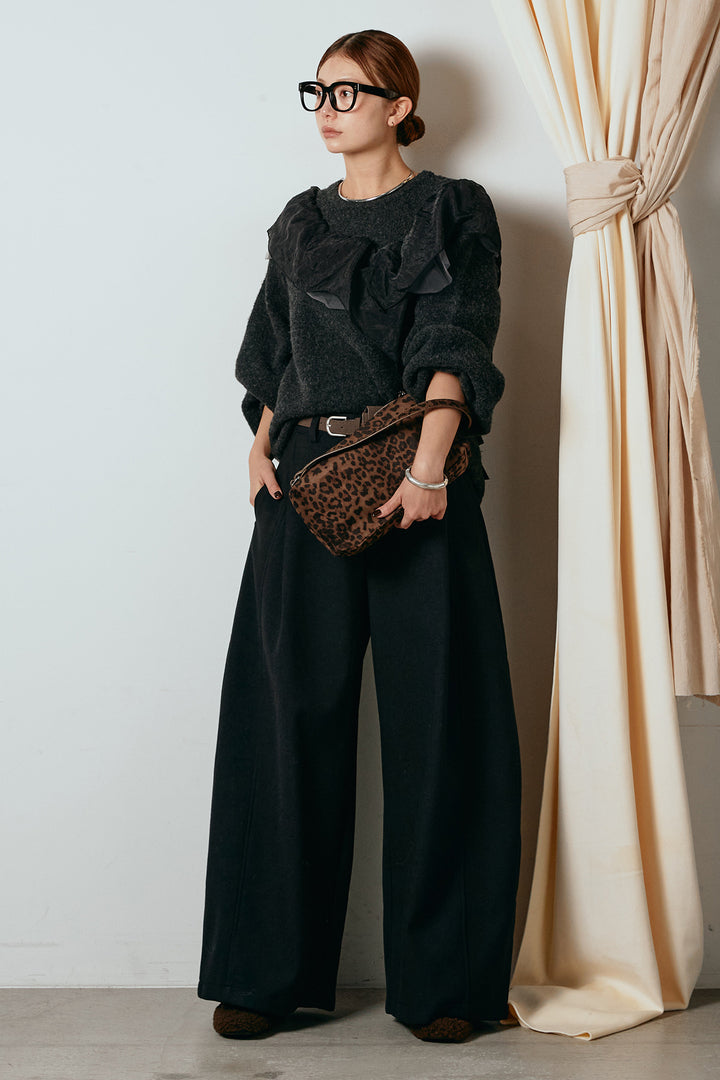 [SET]アシンメトリーフリルニットトップス+ポーチベルト付きカーブパンツ(2set)