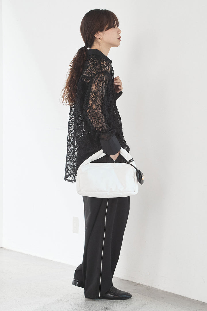 [SET]刺繍レースオーバーサイズシャツ+合繊ツイルパイピングタックカーブパンツ(2set)