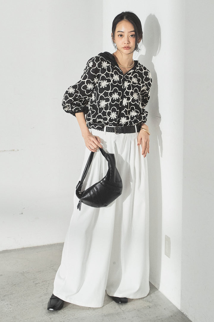 [SET]シアーフラワーフードブルゾン+編みベルト付きウエストタックワイドパンツ(2set)