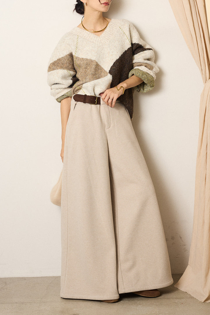 [SET]ルーズアーガイルVネックニット+サイドベルトパンツ(2set)