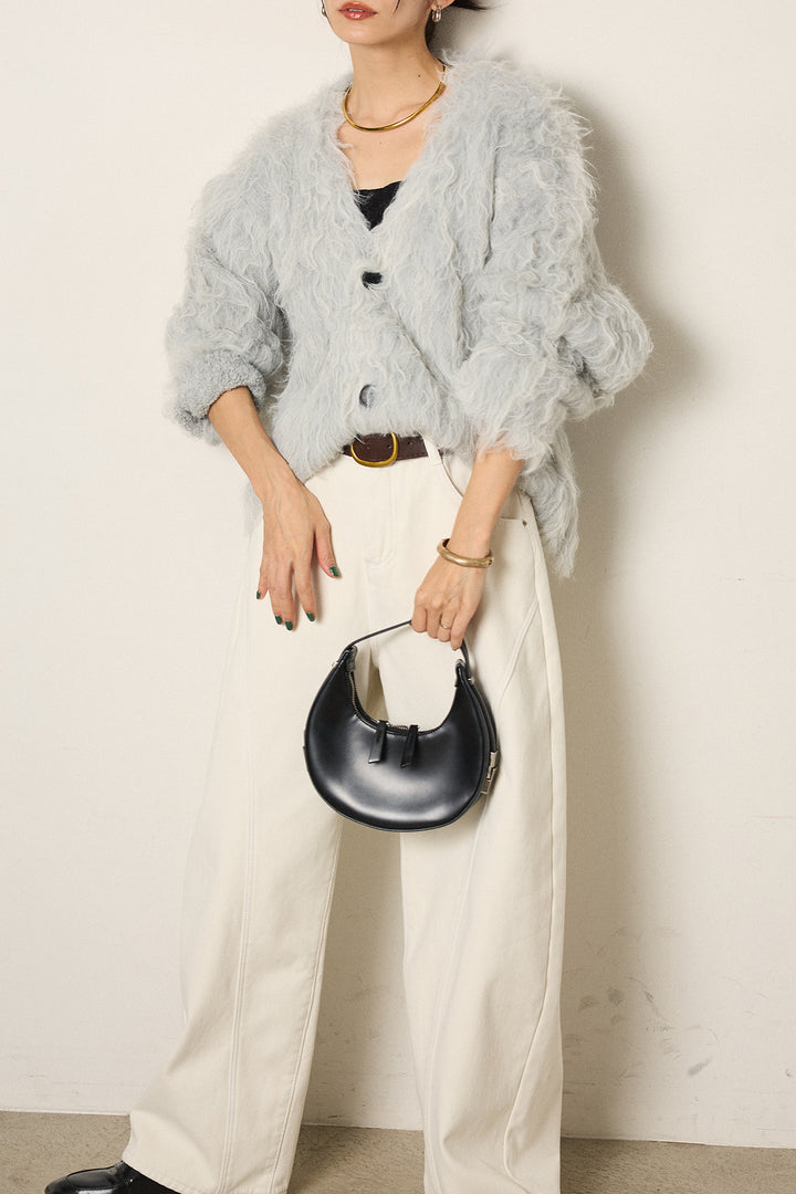 [SET]起毛シャギーニットカーディガン+ベルト付きカジュアルカーブワイドパンツ(2set)