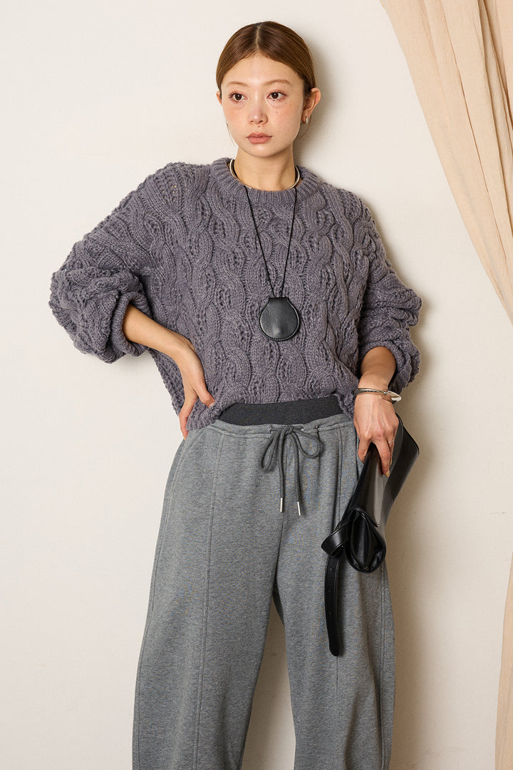 [SET]ケーブルリラックスショートニット+スウェットワイドカーブパンツ(2set)