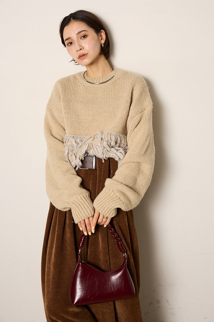 [SET]ループ編み切り替えニットプルオーバー+ベルトループコーデュロイワイドパンツ(2set)