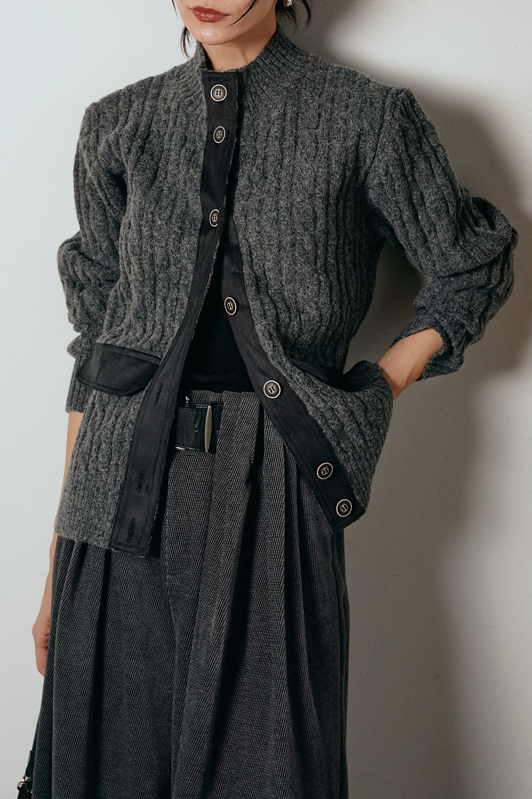 [SET]ボトルネックケーブルニットカーディガン+ベルトループコーデュロイワイドパンツ(2set)