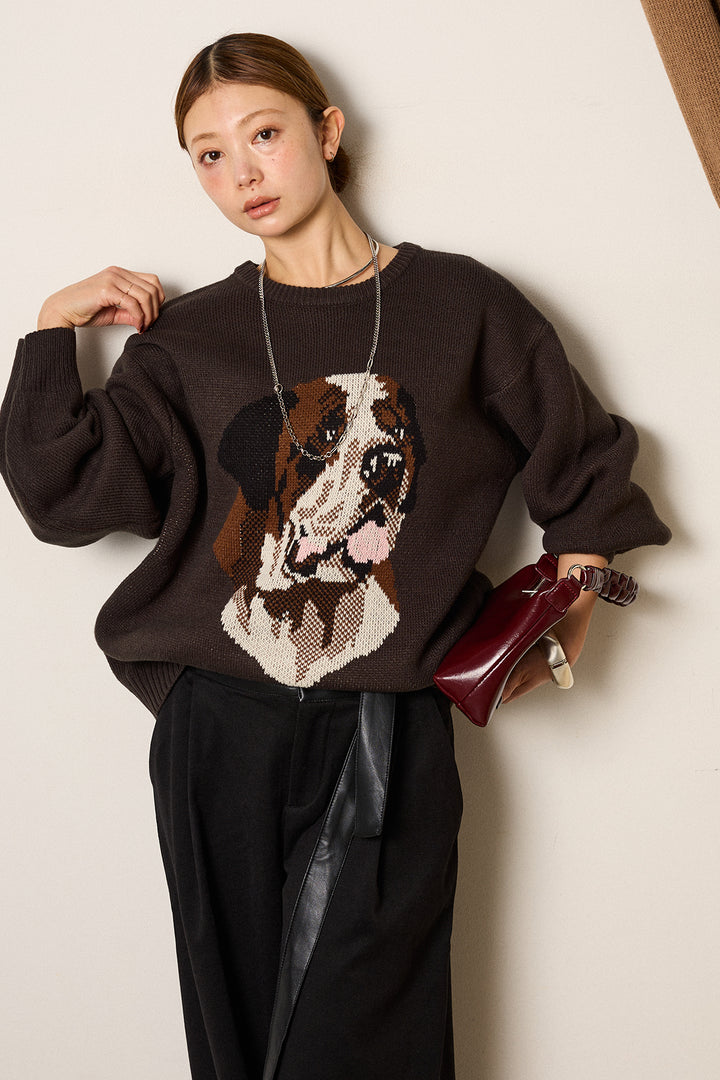 [SET]アニマルジャガード柄ニットトップス+巻ベルトウエストレザーライクワイドパンツ(2set)