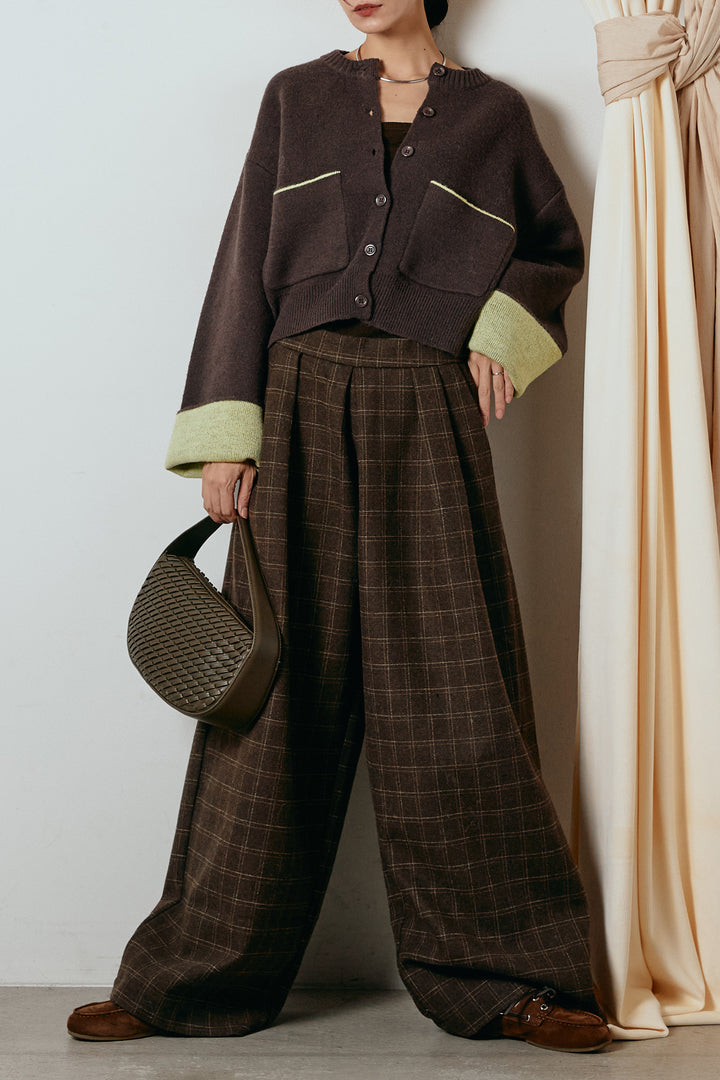[SET]アルパカタッチダブルフェイスカーディガン+ウールライクチェックタックパンツ(2set)