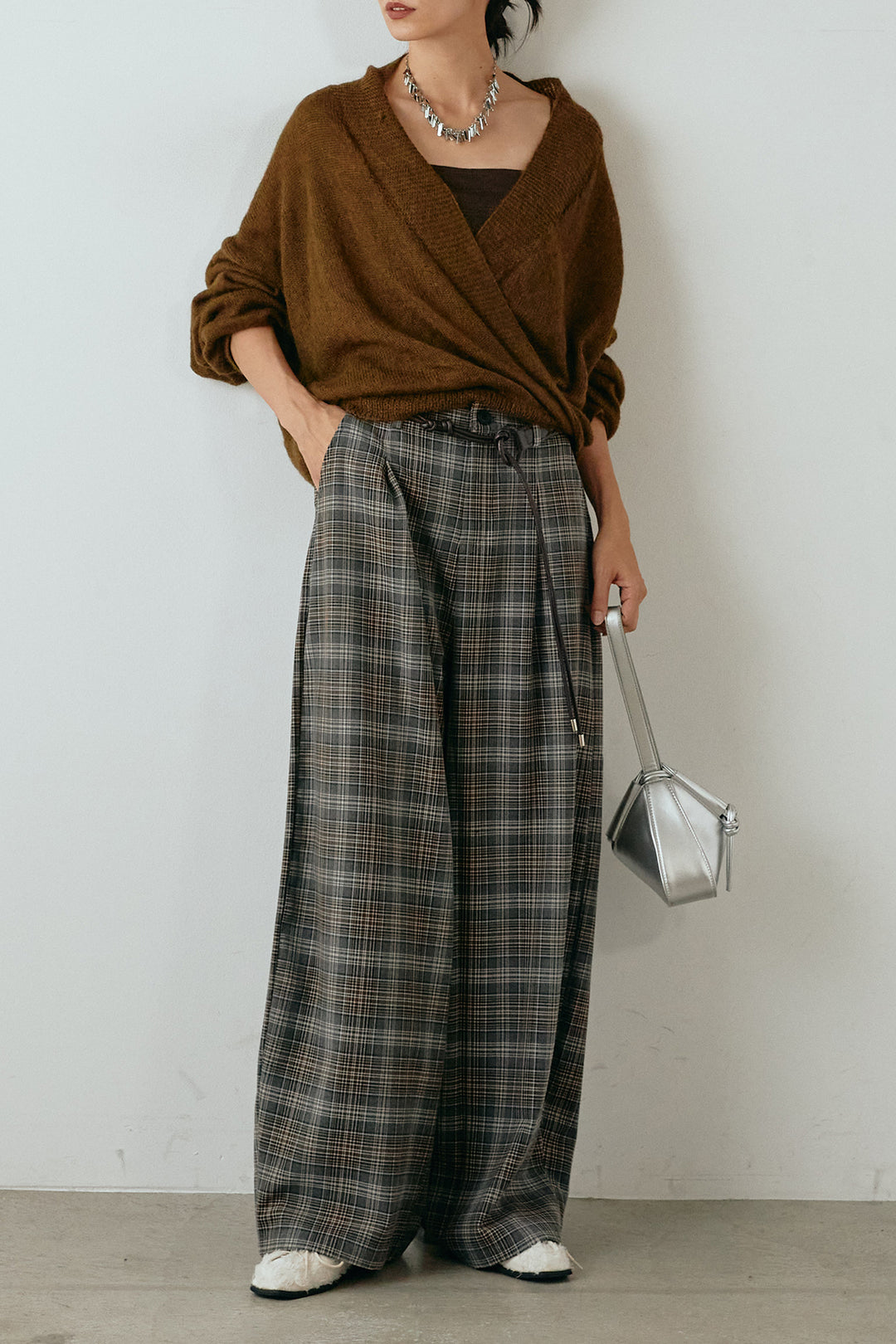 [SET]カシュクールデザインニット+編みベルト付きタータンチェックワイドパンツ(2set)