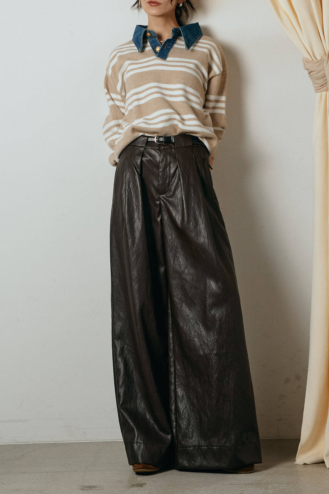 [SET]デニムレイヤード風ランダムボーダーニットプルオーバー+ベルト付きレザーライクタックパンツ(2set)