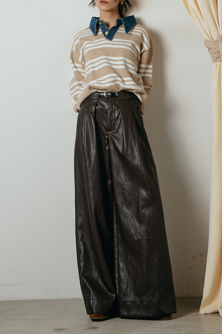 [SET]デニムレイヤード風ランダムボーダーニットプルオーバー+ベルト付きレザーライクタックパンツ(2set)