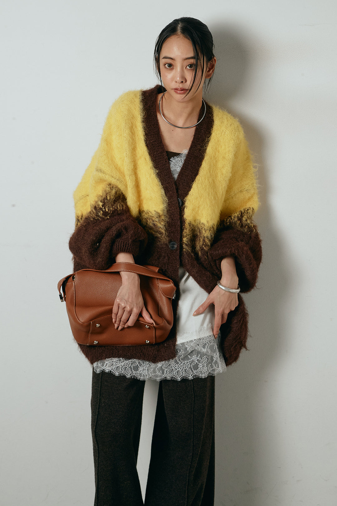 [SET]起毛グラデーションニットカーディガン+レース切り替えキャミソール+センターラインニットパンツ(3set)