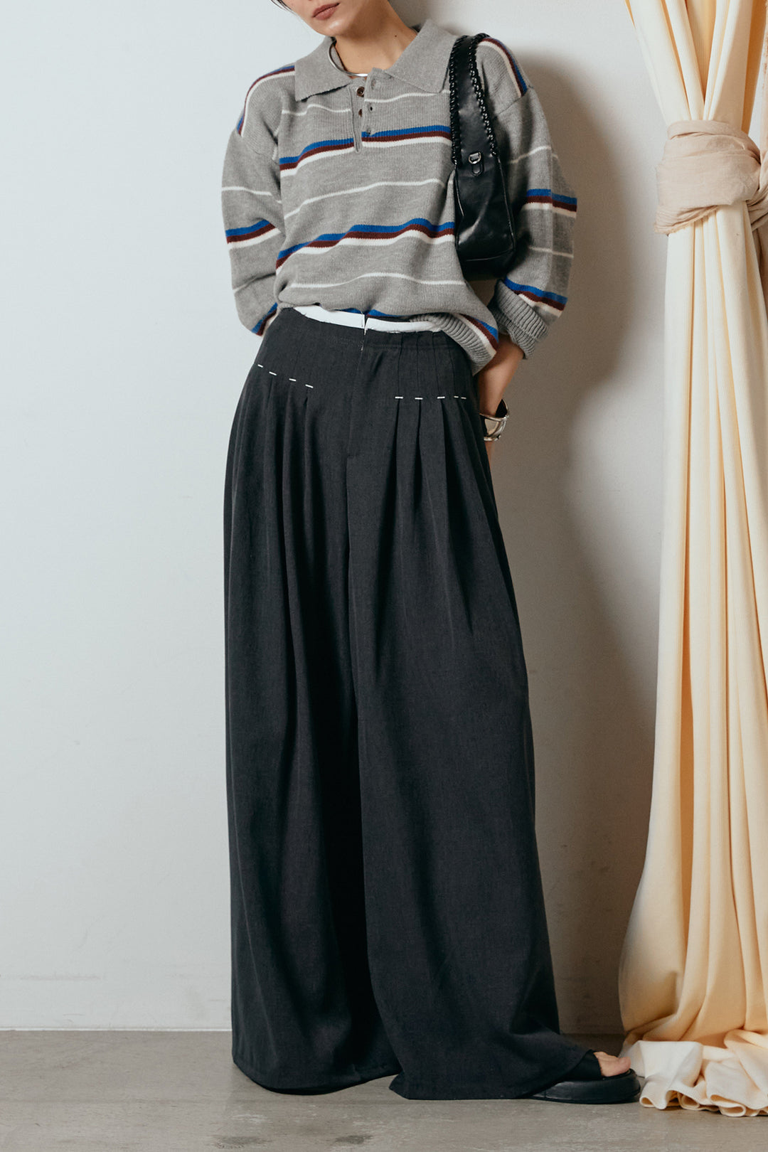 [SET]襟付きマルチボーダーニットポロトップス+ウエストステッチデザインワイドスラックス(2set)