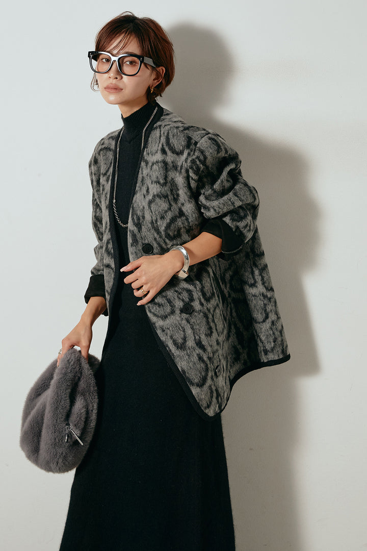 [SET]ノーカラーレオパード柄アウター+ノースリーブニットロングワンピース(2set)