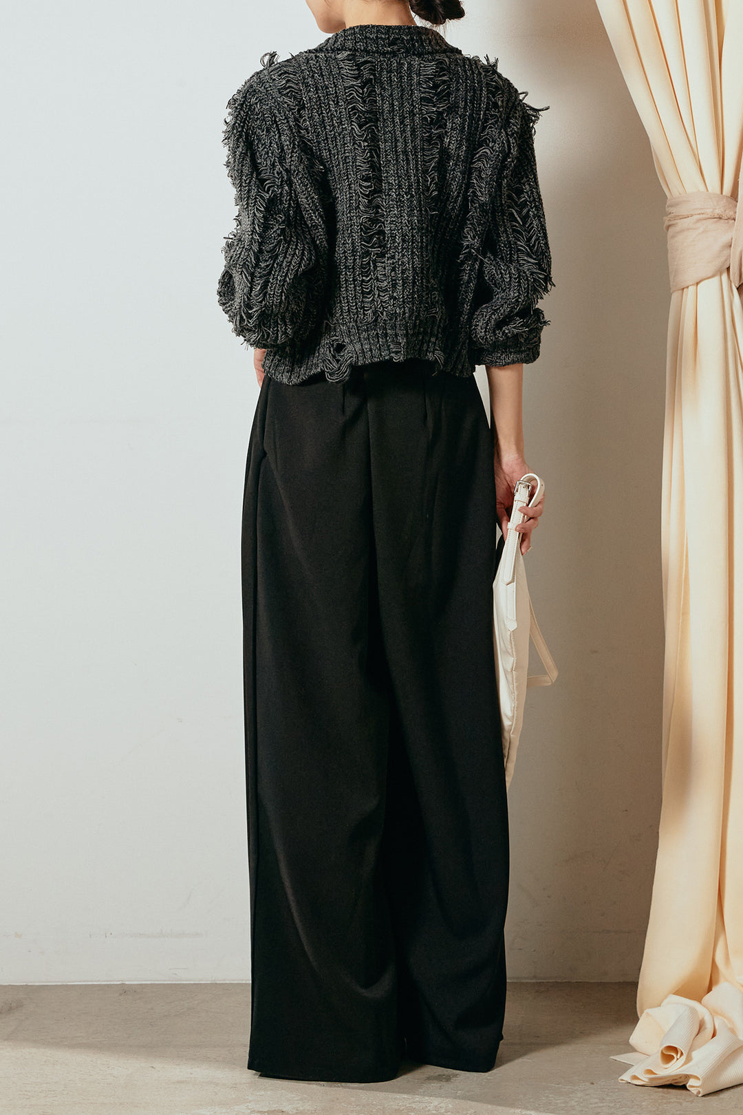 [SET]ハイネックフリンジジップニットトップス+ウエストステッチデザインワイドスラックス(2set)