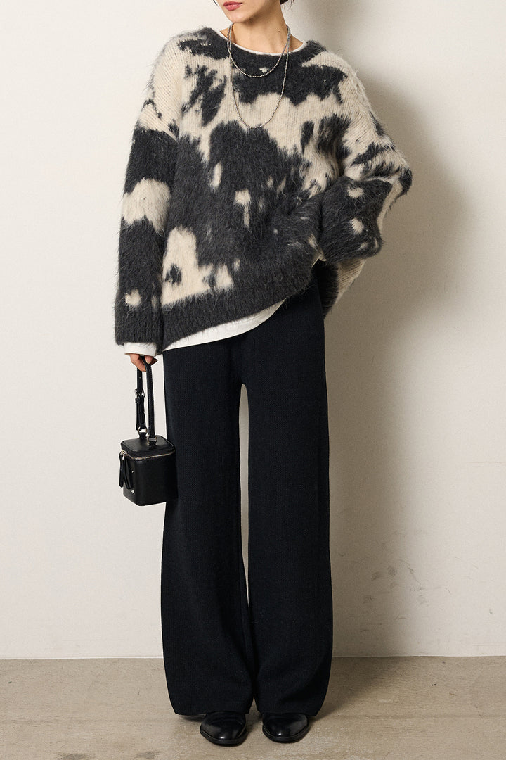[SET]モヘアタッチマーブルニット+ワイドリブニットイージーパンツ(2set)