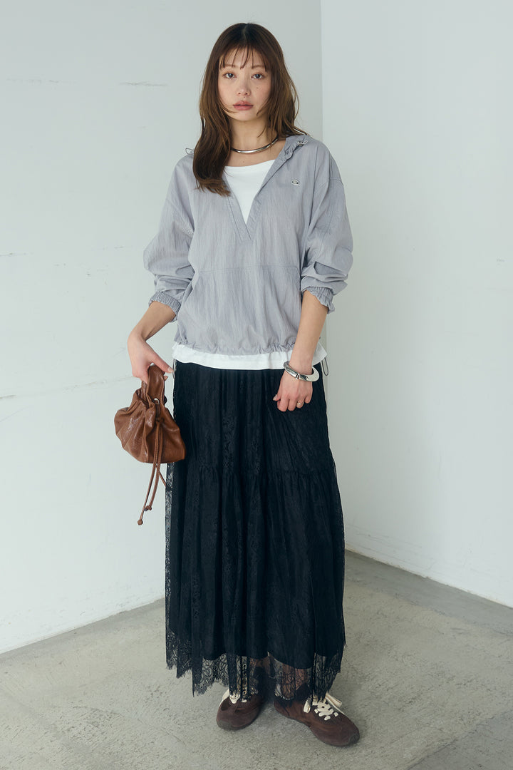 [SET]レイヤードデザインフーディートップス+ひげレース切替ロング丈スカート(2set)