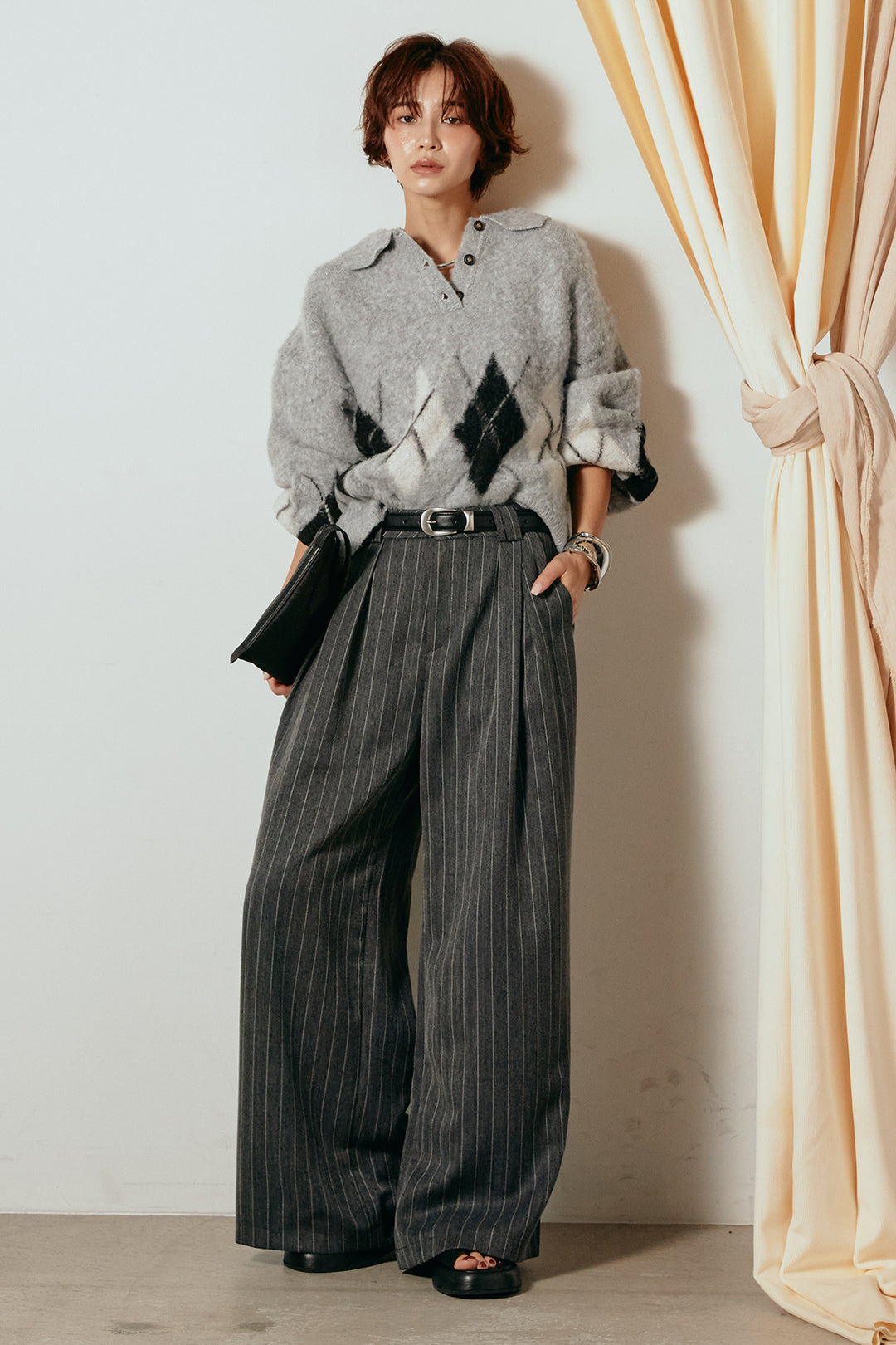 [SET]アーガイル柄ポロニットトップス+ストライプヘリンボーンパンツ(2set)