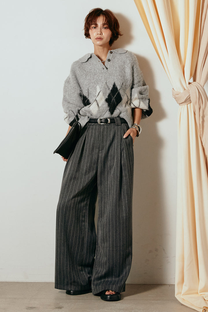 [SET]アーガイル柄ポロニットトップス+ストライプヘリンボーンパンツ(2set)