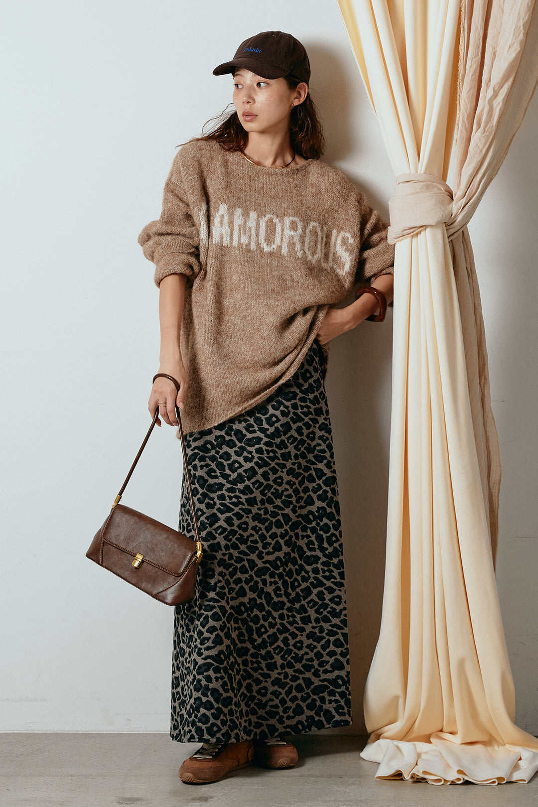 [SET]フロントロゴデザインニットトップス+レオパードロングスカート(2set)