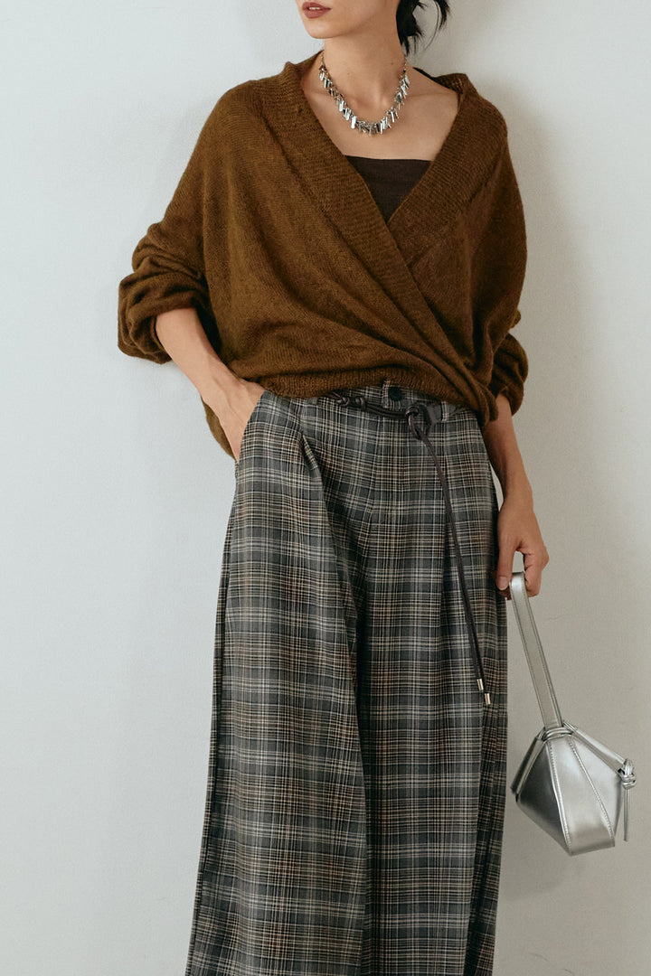 [SET]カシュクールデザインニット+編みベルト付きタータンチェックワイドパンツ(2set)