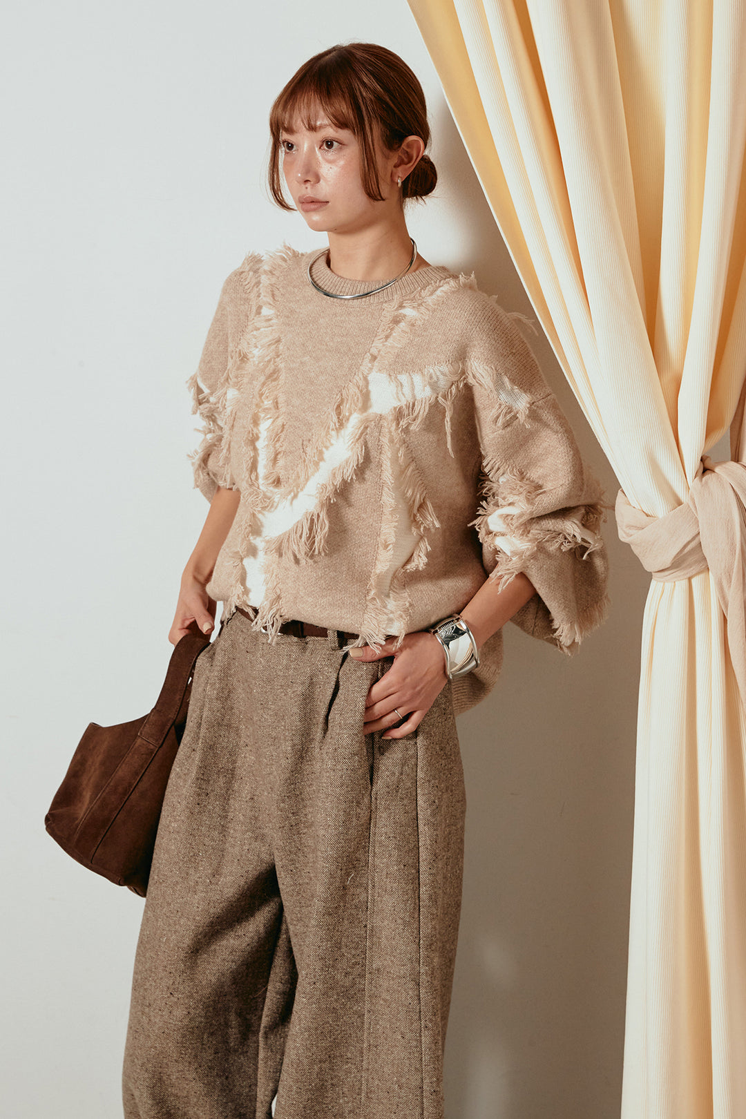 [SET]シャギージャガードニットトップス+ベルト付きネップツイードカーブパンツ(2set)