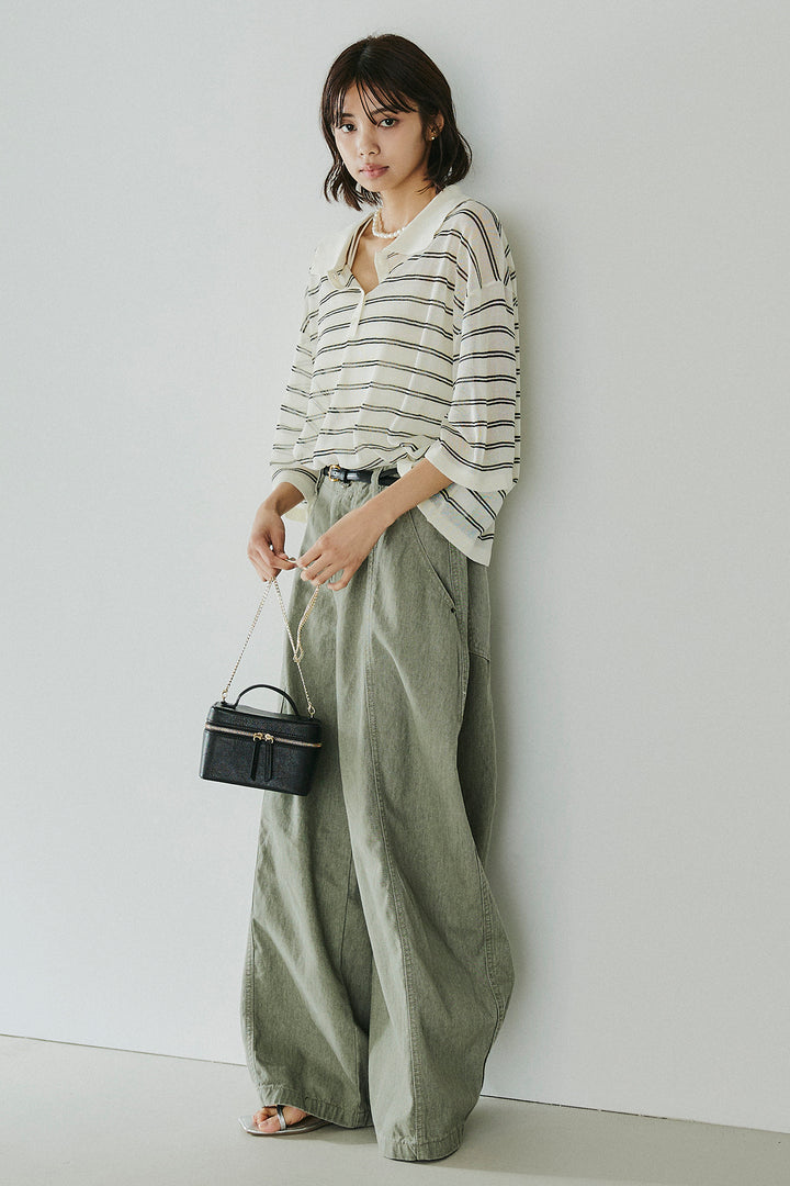 [SET]ボーダーニットポロシャツ+サイドベルトカーブワイドパンツ(2set)