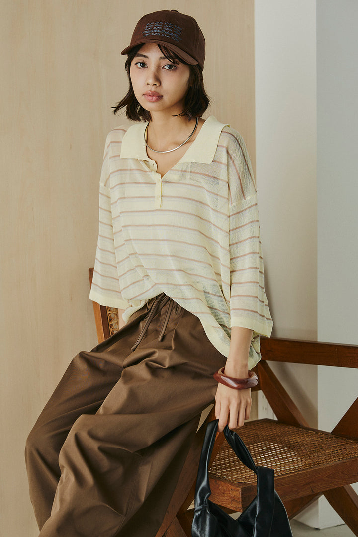 [SET]ボーダーニットポロシャツ+ニーサイドタックウエストドロスパンツ(2set)