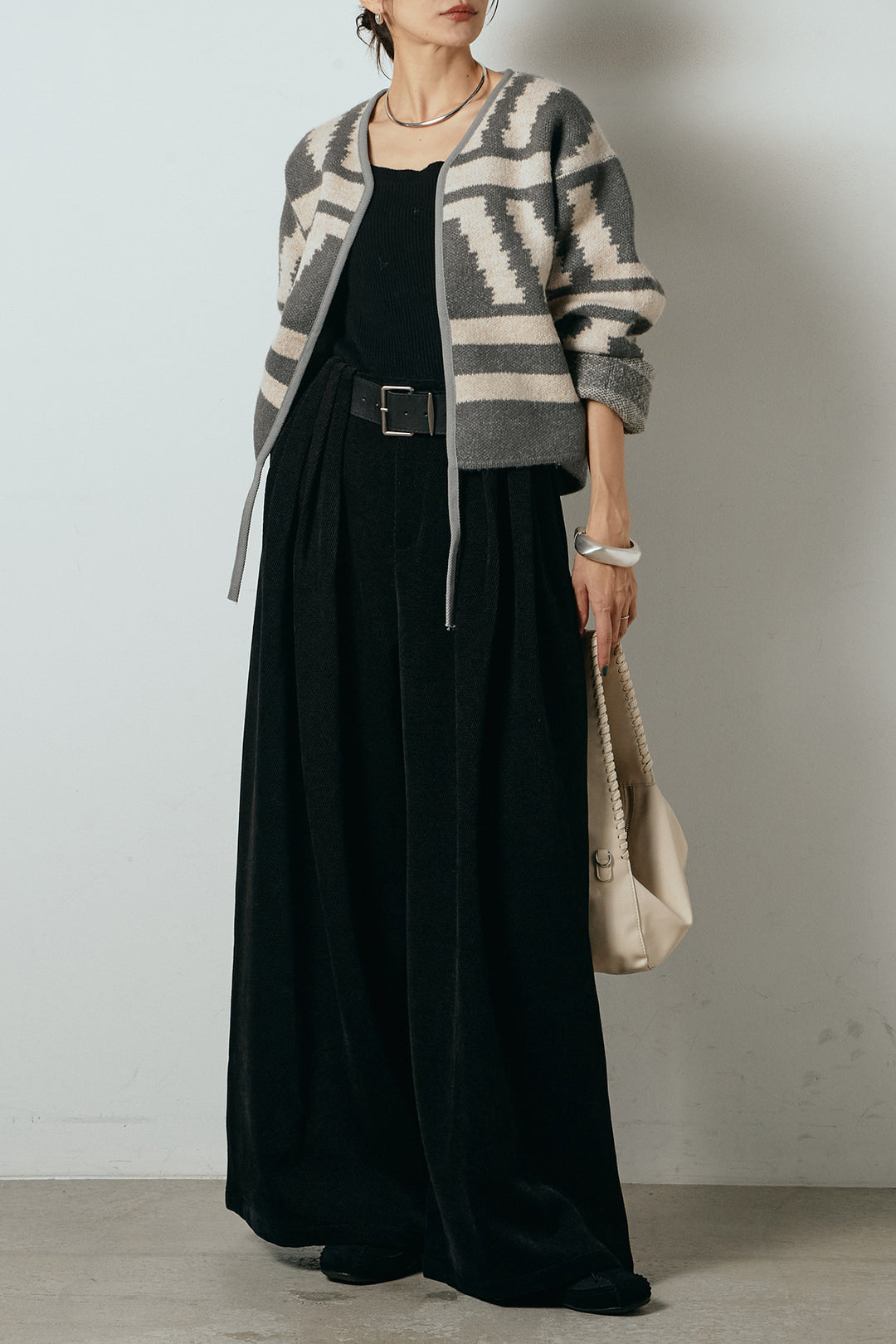 [SET]ノーカラー幾何学模様アウター+ベルトループコーデュロイワイドパンツ(2set)