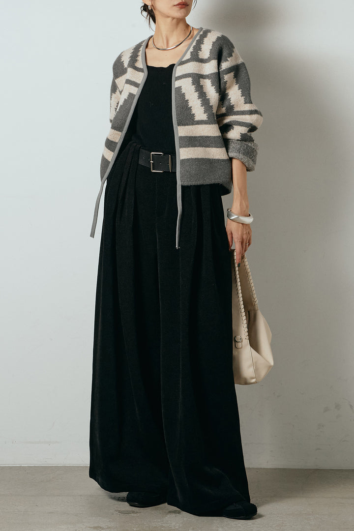 [SET]ノーカラー幾何学模様アウター+ベルトループコーデュロイワイドパンツ(2set)