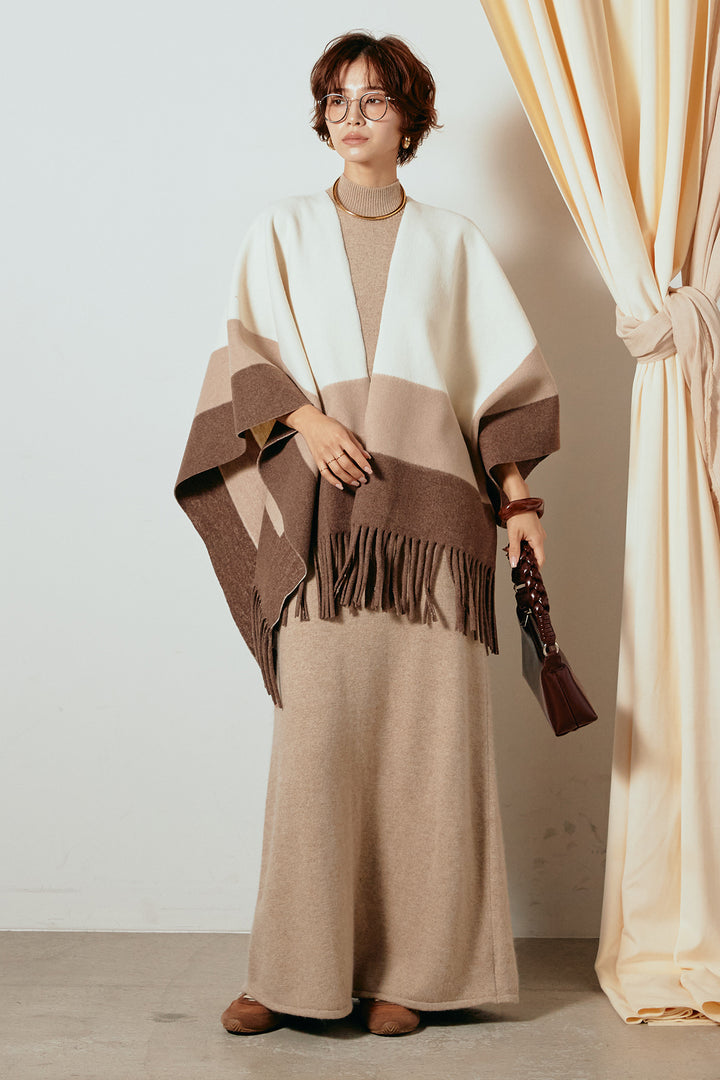 [SET]裾フリンジ柄ポンチョアウター+ノースリーブニットロングワンピース(2set)