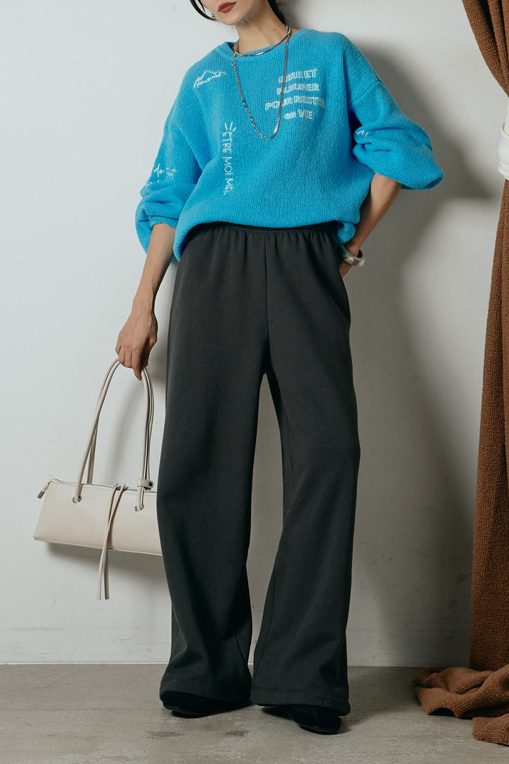 [SET]刺繍ロゴランダムデザインニットトップス+裏起毛スウェットワイドパンツ(2set)
