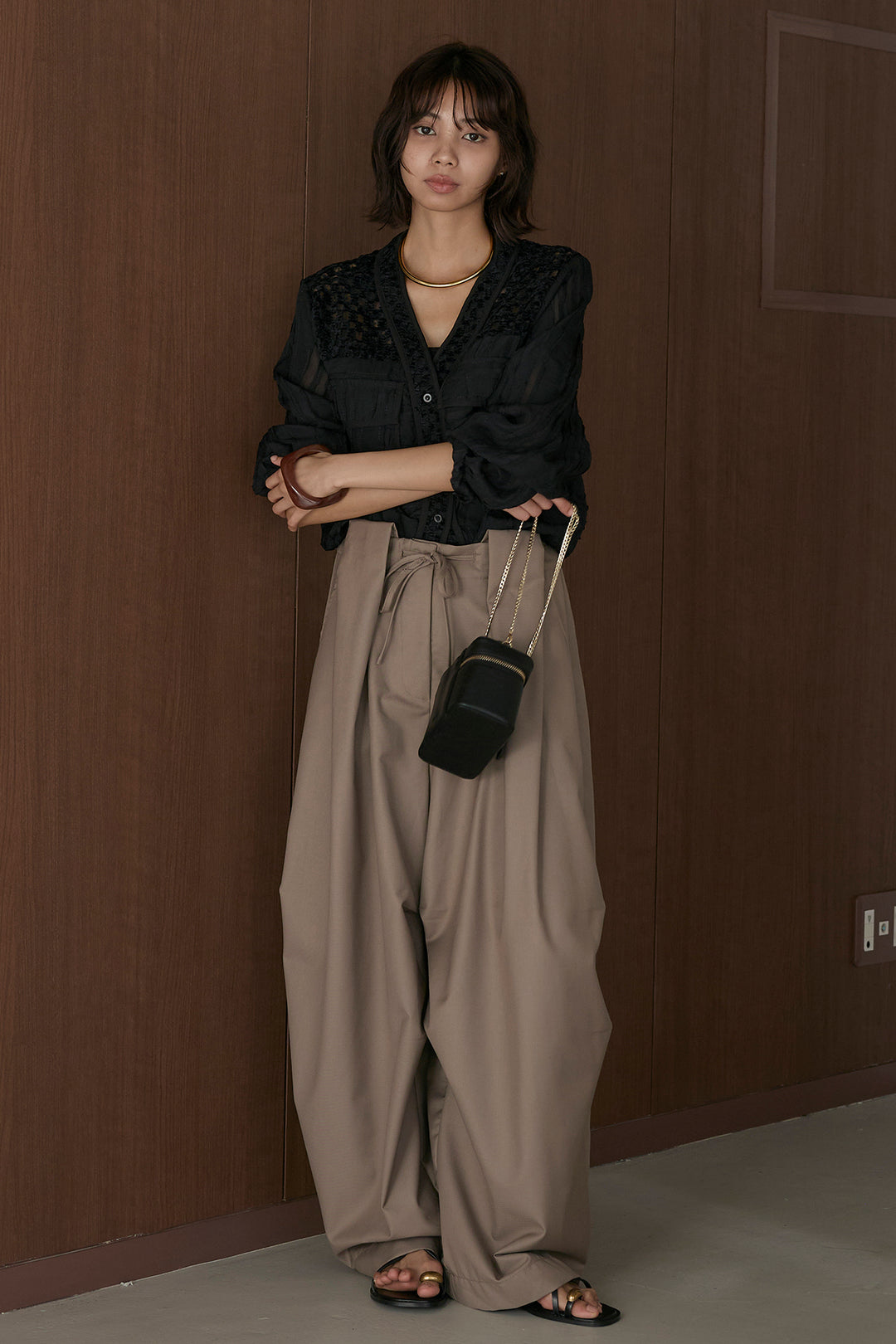 [SET]異素材切替シアーメッシュカーディガン+ベルトループワイドパンツ(2set)