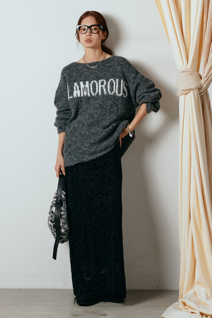 [SET]フロントロゴデザインニットトップス+花柄刺繍ベロアフレアスカート(2set)