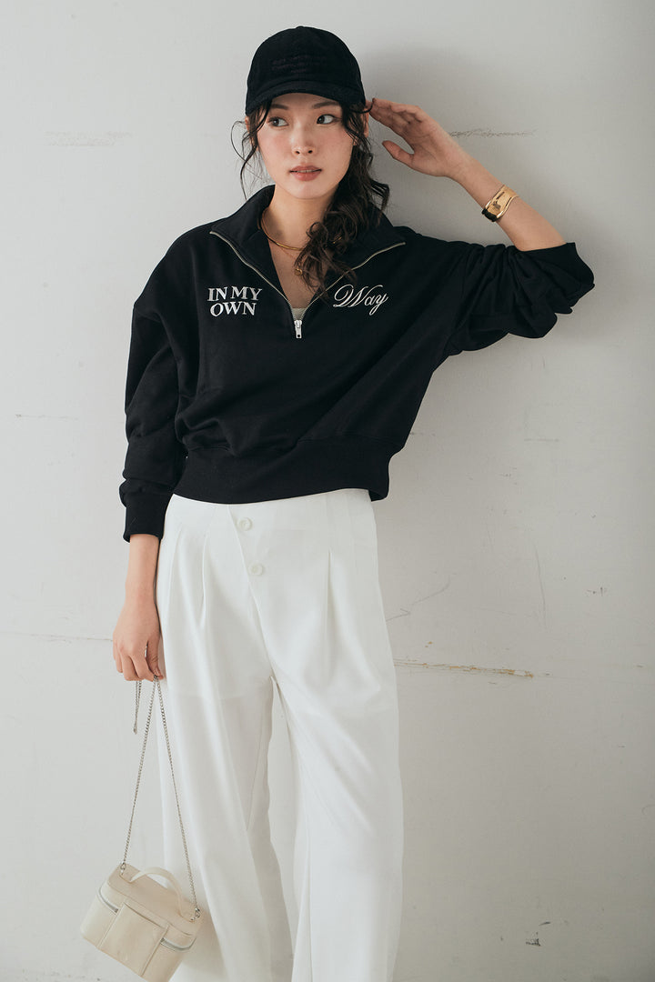 [SET]裏毛ロゴ刺繍ハーフZIPスウェット+斜めボタンタック入りスラックス(2set)