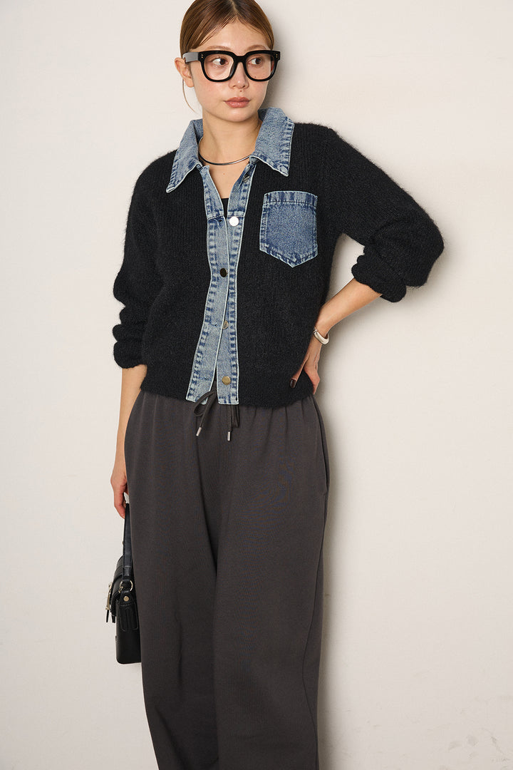 [SET]襟付きデニム切替ニットカーディガン+裏起毛スウェットワイドパンツ(2set)