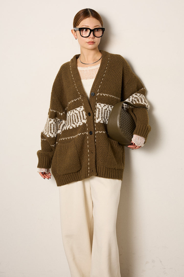 [SET]ライン柄ステッチニットカーディガン+2WAY袖コード刺繍クルーネックプルオーバー(2set)