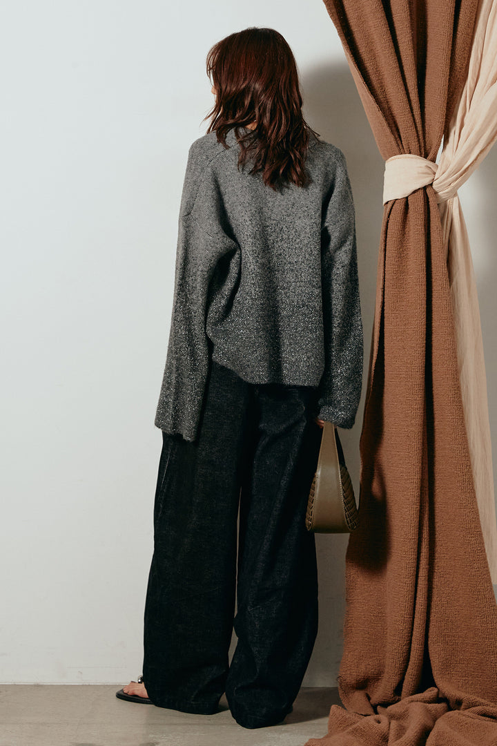 [SET]グラデーションラメニットキーネックプルオーバー+フロントタック入りコーデュロイパンツ(2set)