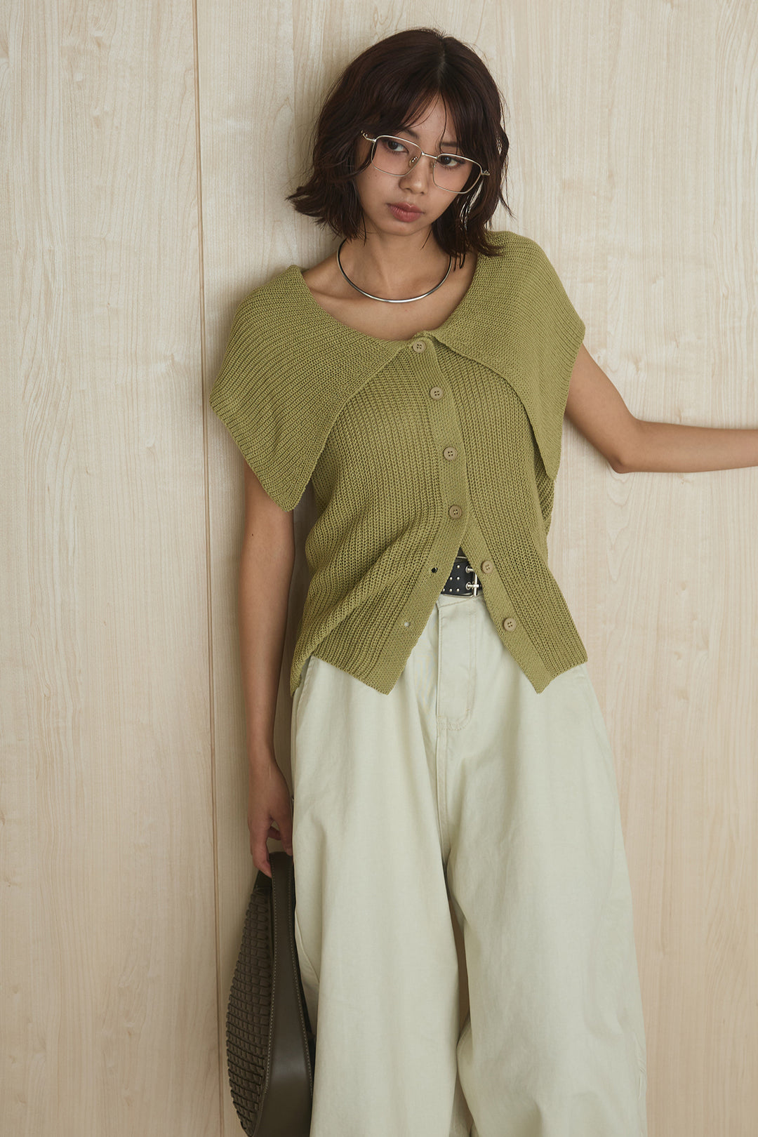 [SET]ビッグカラーボタンニットトップス+ベルト付きカラーデニムパンツ(2set)