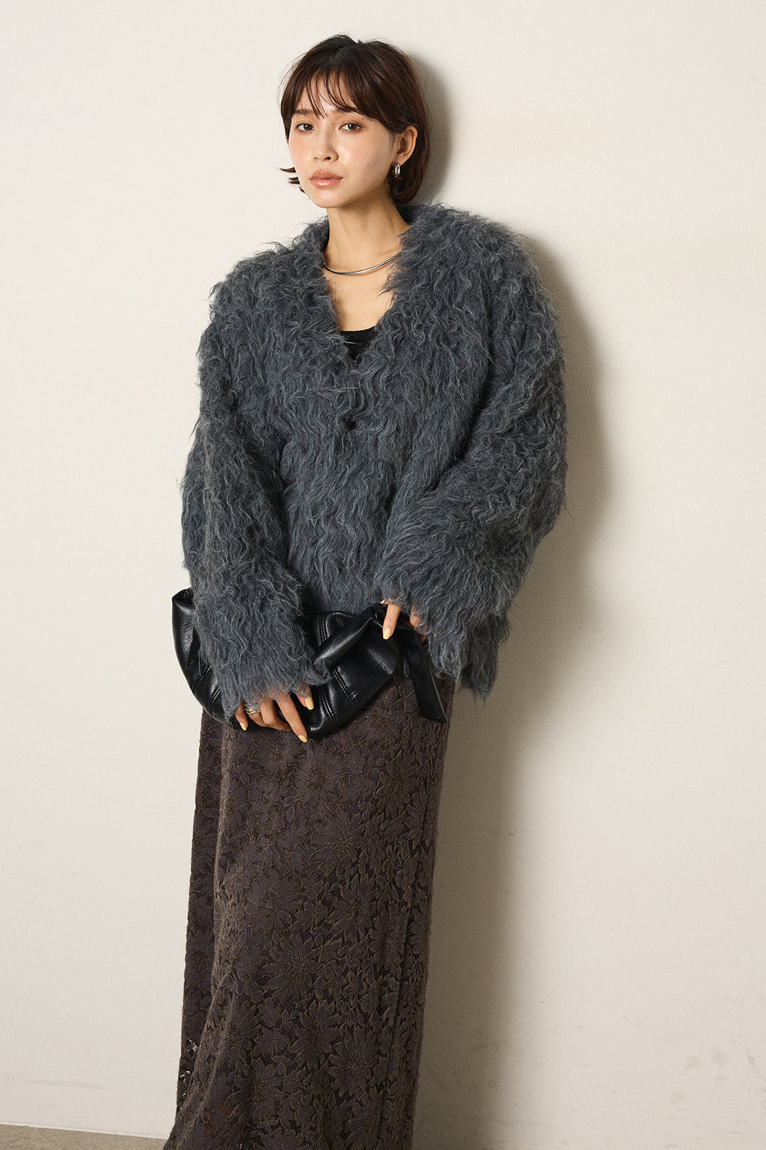 [SET]起毛シャギーニットカーディガン+花柄刺繍ベロアフレアスカート(2set)