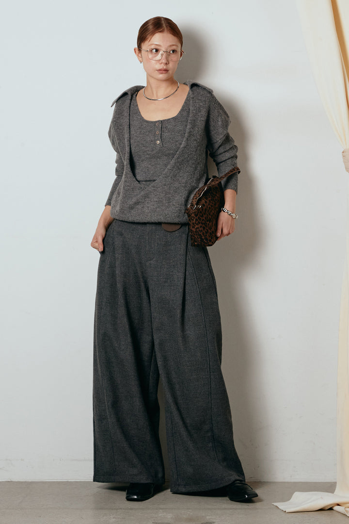 [SET]襟付きレイヤードニットトップス+ポーチベルト付きカーブパンツ(2set)