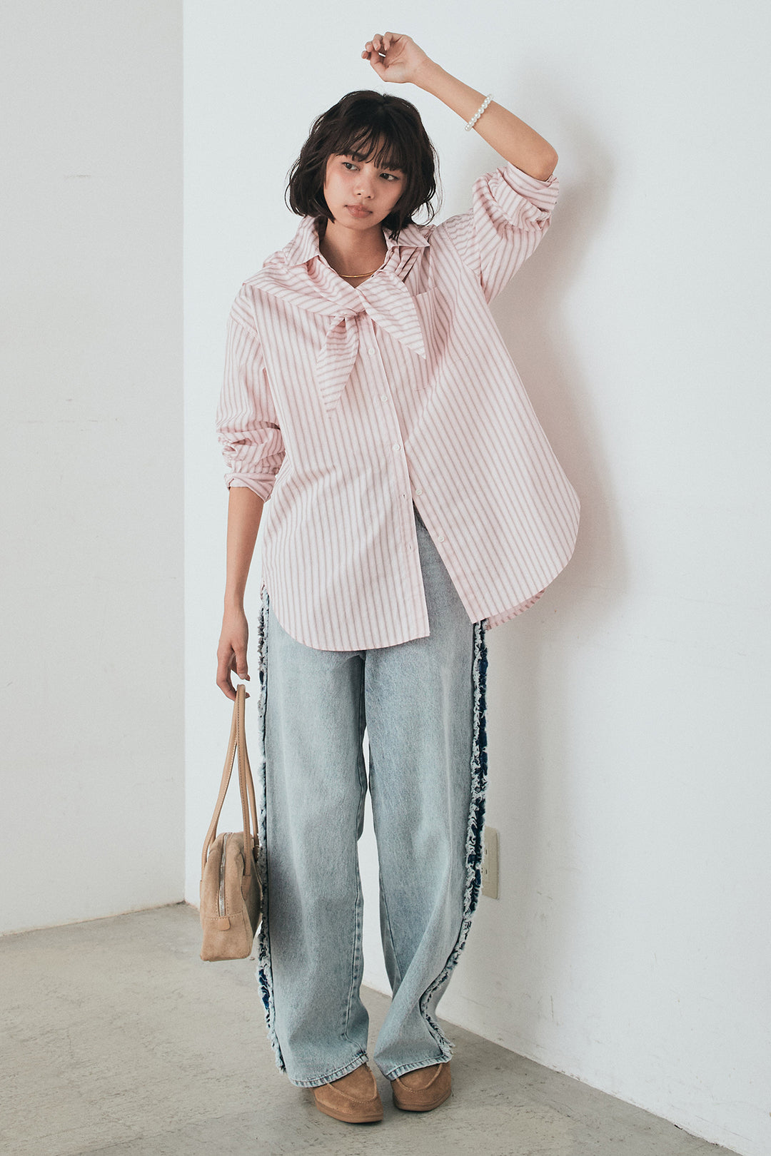 [SET]ランダムストライプスカーフ付きシャツ+デニムサイドフリルパンツ(2set)