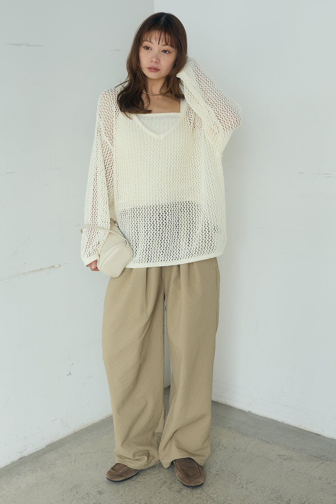 [SET]メッシュ編みビスチェセットVネックプルオーバー+シアサッカーイージーパンツ(2set)