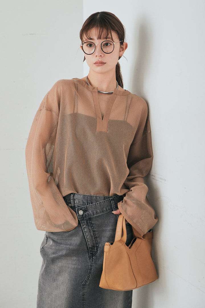 [SET]メッシュカットソースキッパープルオーバー+ウエストクロスデニムタイトスカート(2set)