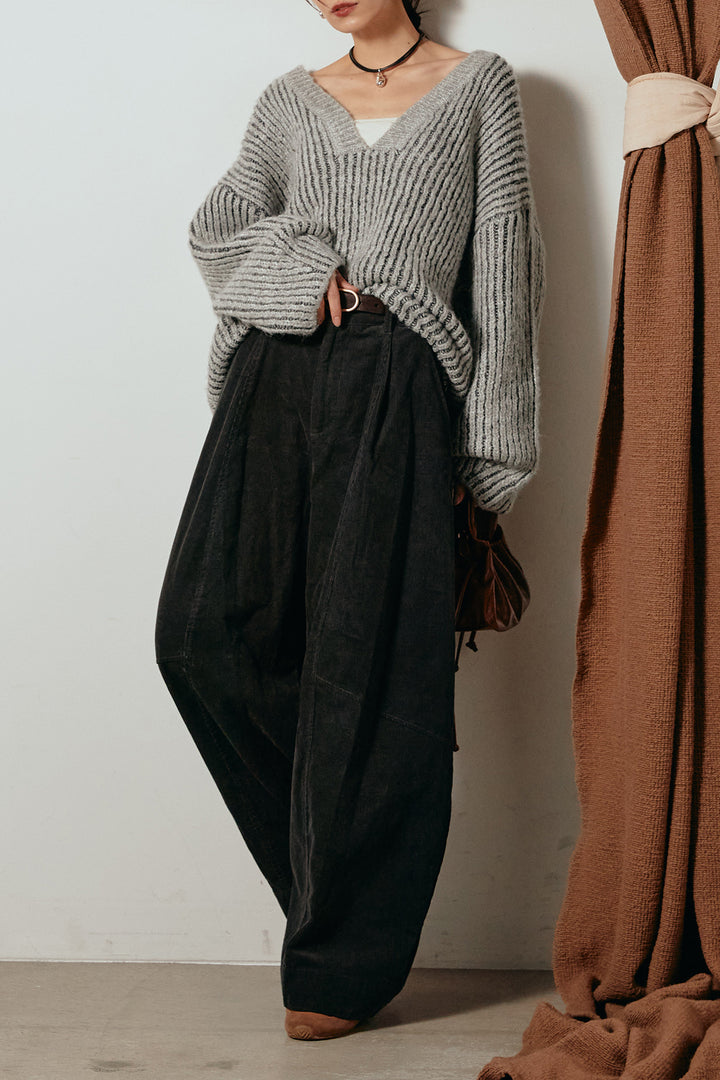 [SET]アルパカタッチ深Vニットトップス+タック入りコーデュロイワイドパンツ(2set)