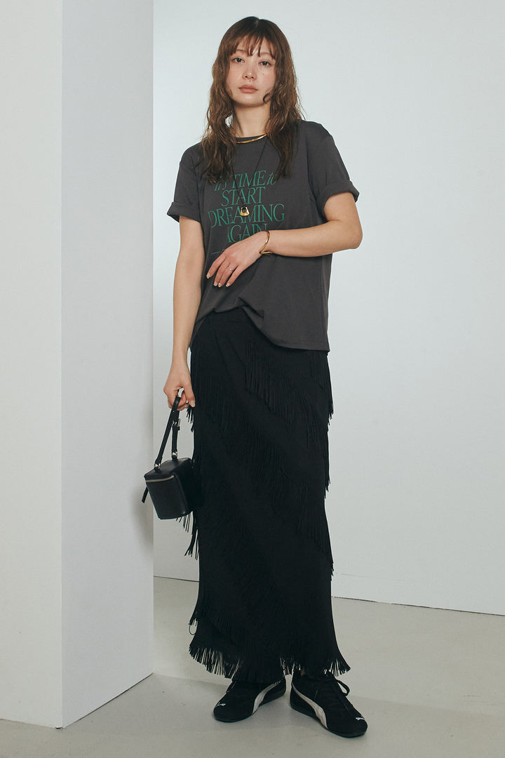 [SET]半袖TIMEロゴカットソー+斜めフリンジデザインスカート(2set)