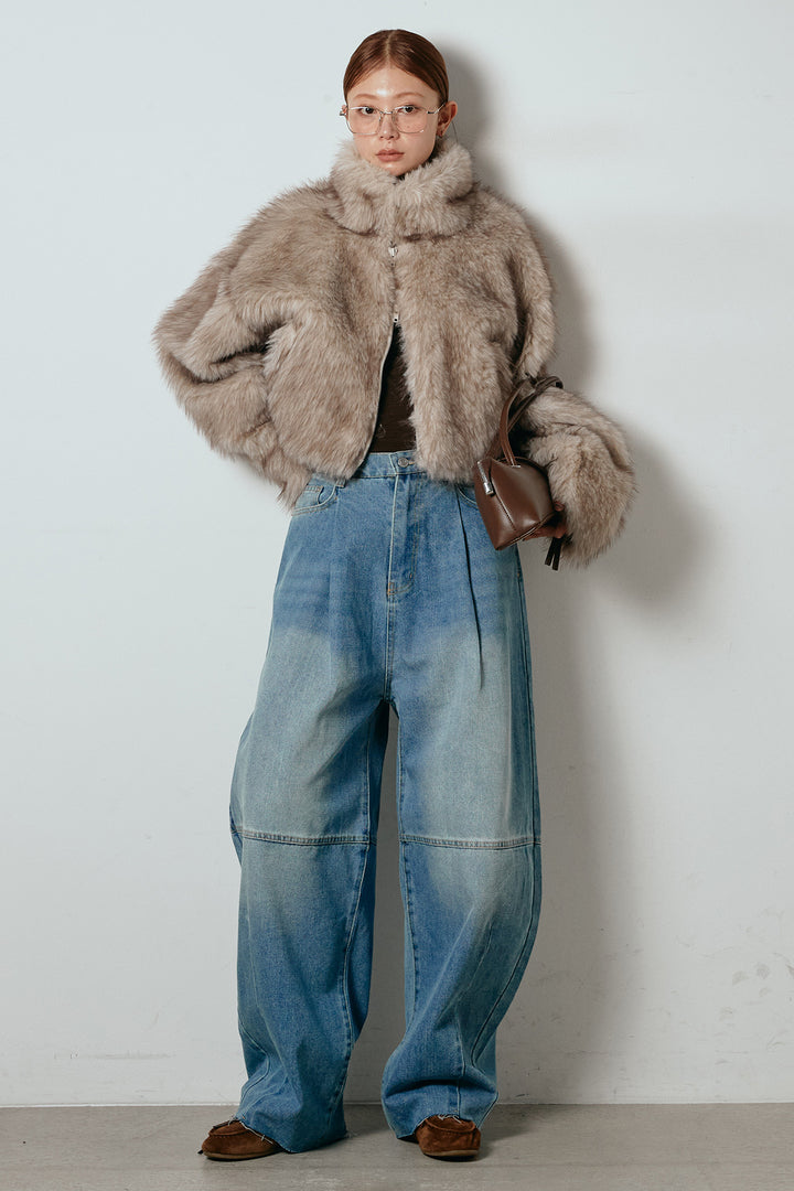 [SET]エコファーショート丈ブルゾン+加工デニムタックコクーンワイドパンツ(2set)