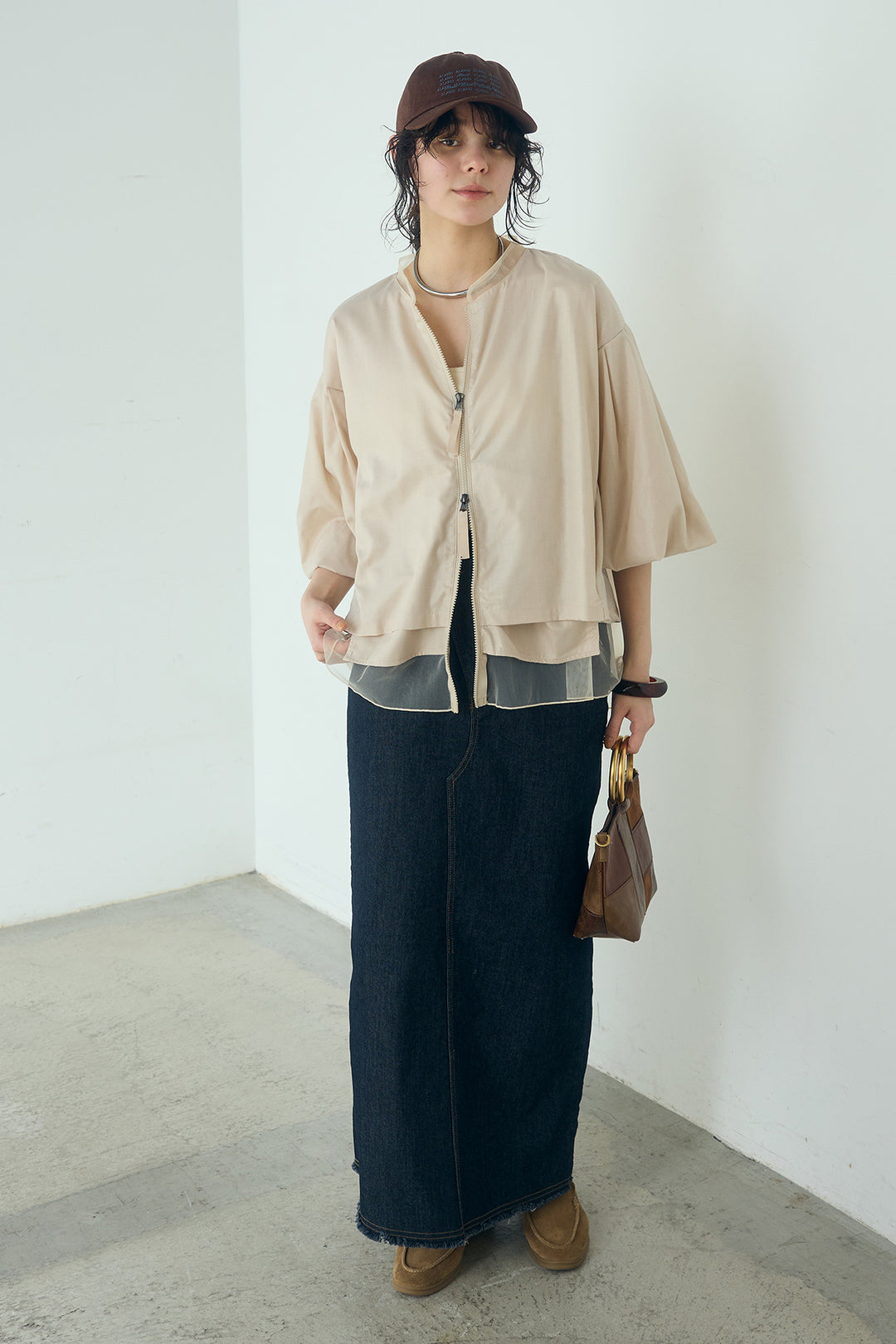 [SET]ボリューム袖シアーレイヤードブルゾン+ウエストクロスデニムタイトスカート(2set)
