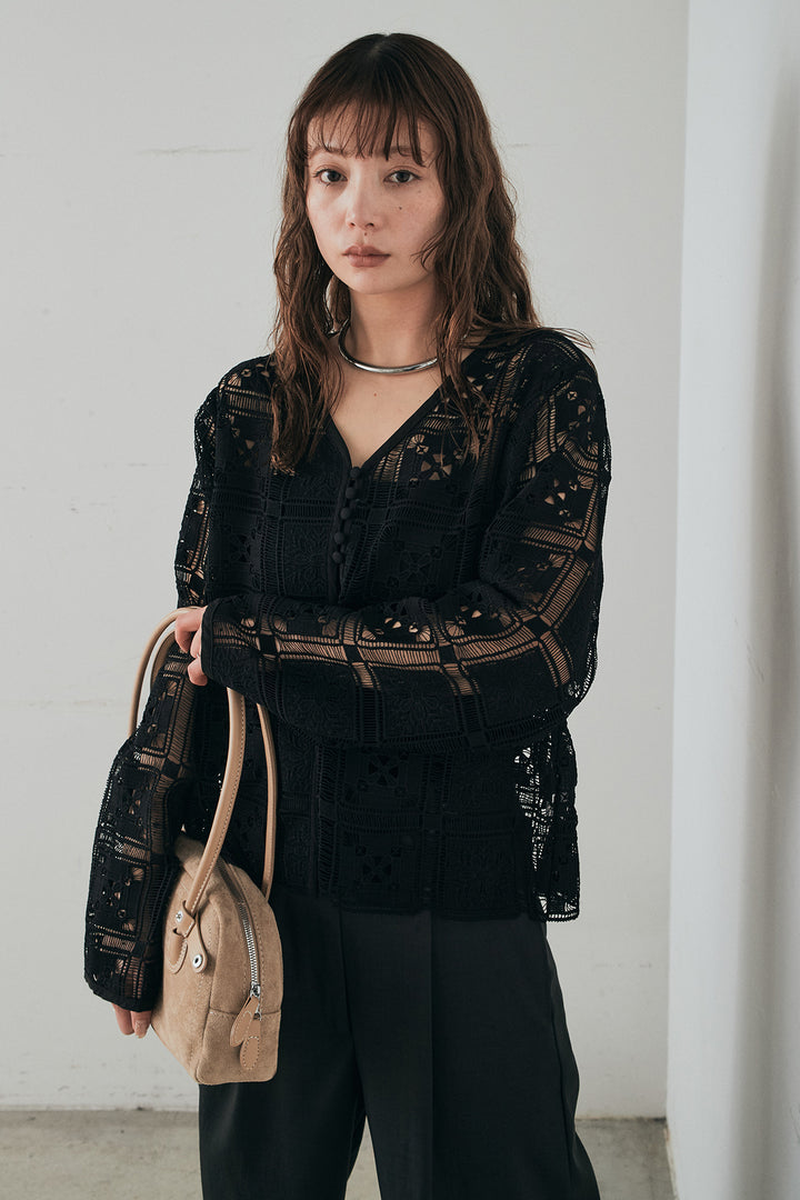 [SET]クロシェレースカーディガン+センタープレスセミワイドパンツ(2set)